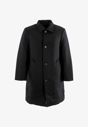 Cappotto di lana nera con design strutturato, dotato di colletto, chiusura frontale con bottoni, grandi tasche laterali e una vestibilità leggermente rilassata.