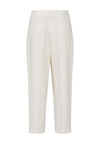 White tailored trousers with a smooth texture, cropped length, and two back pockets. Features a discreet waistband and clean lines.