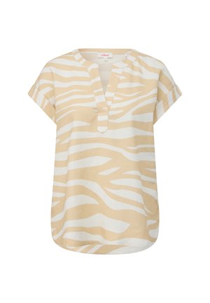 Beige kortmouwen top met een wit zebrapatroon, voorzien van een V-hals en een relaxte fit, gemaakt van lichtgewicht stof.