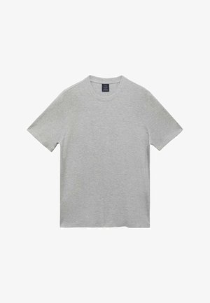 Vaaleanharmaa lyhythihainen pyöreäkaulus t-paita, pehmeää kangasta, asetettu tasaiseksi, ei näkyviä logoja tai kuvioita.