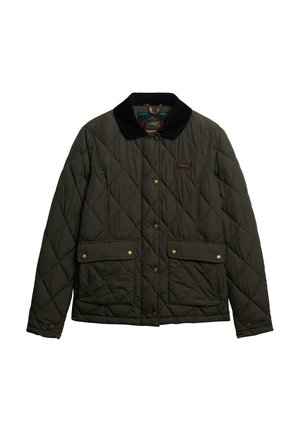 Veste matelassée vert olive avec un col en velours côtelé noir. Dispose de poches poitrine doubles et de boutons pression en laiton pour la fermeture.