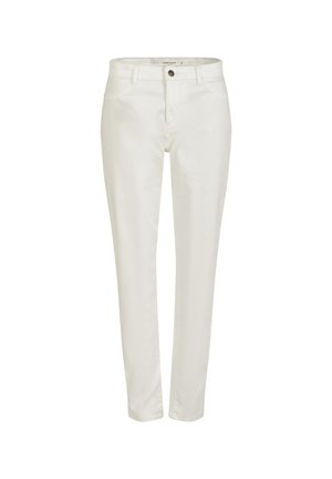 Slim-fit white pants with belt loops, front button, and zip closure, displayed against a plain white background.