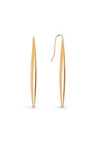 Pendientes alargados de color dorado con un diseño elegante y cónico, y un cierre en gancho. Superficie lisa y pulida con un acabado reflectante.