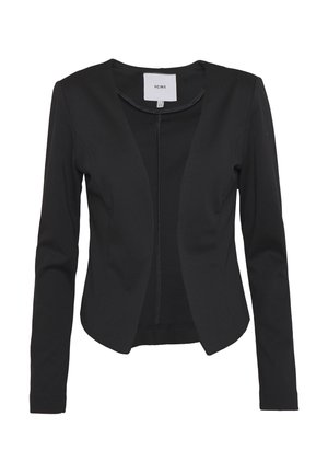Dopasowana czarna damska marynarka z długimi rękawami, otwartym przodem i delikatnie zaokrąglonym dołem, z metką "ICHI" wewnątrz kołnierza.