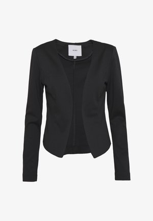 Veste blazer noire pour femmes, cintrée, manches longues, devant ouvert, légèrement arrondie à l'ourlet, avec l'étiquette "ICHI" à l'intérieur du col.