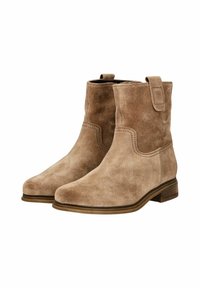 Beige Wildleder-Ankle Boots mit runder Zehenpartie, dezenten Stickereien und einer Ziehschlaufe auf der Rückseite. Niedriger, gestapelter Absatz. Glattes Innenfutter.