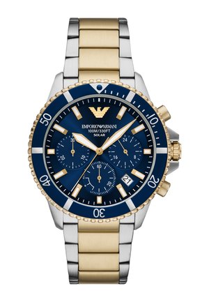 Bicolor-Edelstahluhr von Emporio Armani mit Solarantrieb, blauem Zifferblatt, goldfarbenen Akzenten, Chronographen-Zifferblättern, Datumsfenster und drehbarer Lünette.