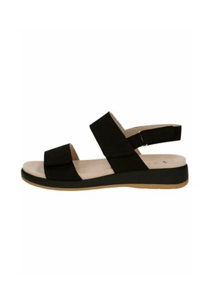 Sandale noire avec deux larges brides, un design à dos nu et une semelle intérieure rembourrée. La semelle est en caoutchouc beige avec une légère élévation.