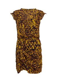 Robe jaune avec un motif léopard, présentant une texture froncée et des manches volantes, fabriquée en tissu léger.