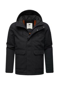 Black insulated jacket with a hood, featuring two front flap pockets, zip closure, and contrasting orange lining. Soft, textured fabric.