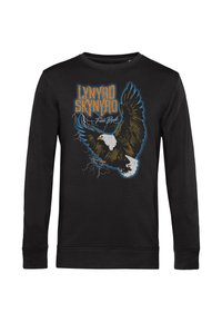 Černá mikina s dlouhým rukávem s grafikou orla a modrými bleskovými akcenty, text "Lynyrd Skynyrd Free Bird" v oranžové a bílé.