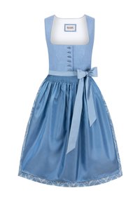 Hellblaues Dirndl mit tailliertem Oberteil, Knopfverschluss vorne und weiter, geraffter Satin-Rock. Es hat eine passende Schleife und dekorative Verzierungen.