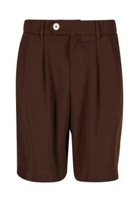 Braune plissierte Shorts aus glattem Stoff, mit Knopfverschluss und Taschen an den Seiten. Der Saum ist gerade mit minimalen Nähedetails.