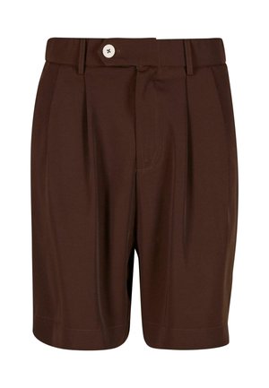 Pantaloni corti marroni plissettati realizzati in tessuto liscio, dotati di chiusura con bottone e tasche laterali. L'orlo è dritto con dettagli di cucitura minimi.