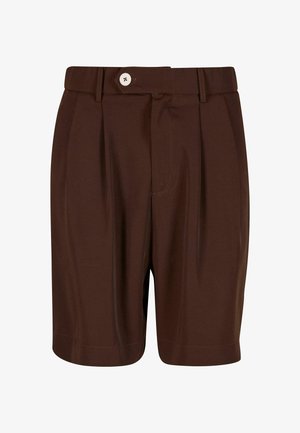 Pantaloni corti marroni plissettati realizzati in tessuto liscio, dotati di chiusura con bottone e tasche laterali. L'orlo è dritto con dettagli di cucitura minimi.
