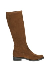Bottine en cuir suédé marron, hauteur genou, avec un design épuré, bout arrondi, petit talon et semelle noire lisse, offrant un ajustement sans couture autour du mollet.