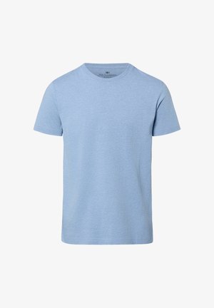 Jasnoniebieska koszulka z krótkim rękawem i okrągłym dekoltem, o prostym wzorze i miękkiej strukturze materiału.