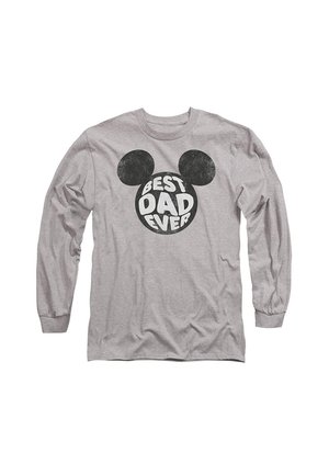 Graues Langarm-T-Shirt mit einem kreisförmigen Aufdruck, der den Text "BESTER PAPA ÜBERHAUPT" und Mickey-Maus-Ohren zeigt, aus Baumwollmaterial gefertigt.