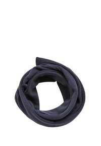 Granatowy, teksturowany szalik, w okrągłym wzorze, wykonany z miękkiej tkaniny, z plecionym wzorem o gładkim wykończeniu.