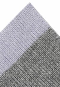 Close-up of ribbed knit fabric with two color blocks: light lavender on top and gray below.
