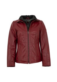 Burgunderrote Lederjacke mit Reißverschluss, taillierter Passform und schwarz gefütterter Kapuze. Verfügt über seitliche Taschen und Nähte für Struktur.