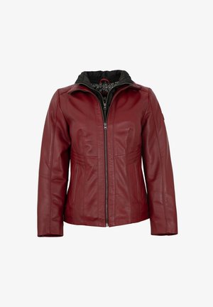 Burgunderrote Lederjacke mit Reißverschluss, taillierter Passform und schwarz gefütterter Kapuze. Verfügt über seitliche Taschen und Nähte für Struktur.