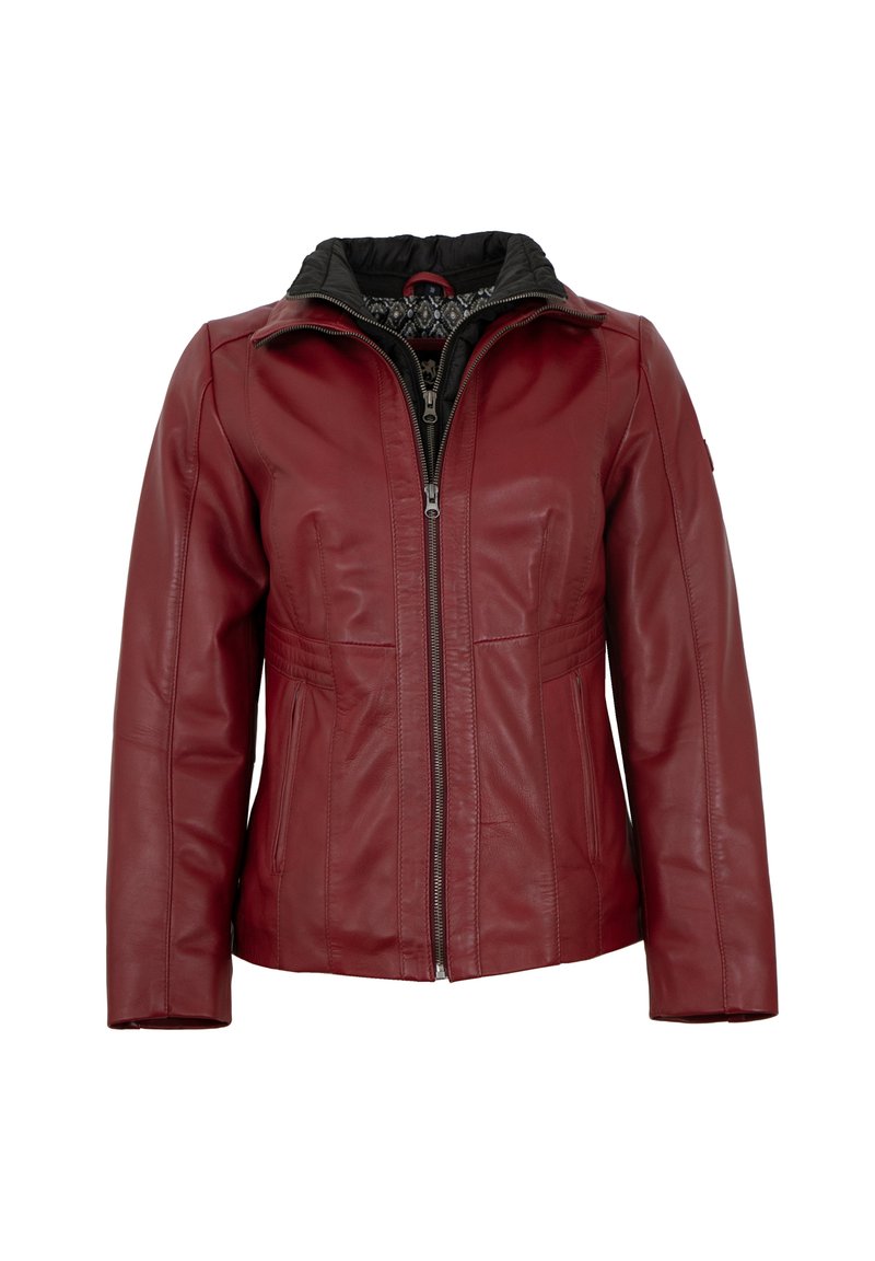 Burgunderrote Lederjacke mit Reißverschluss, taillierter Passform und schwarz gefütterter Kapuze. Verfügt über seitliche Taschen und Nähte für Struktur.