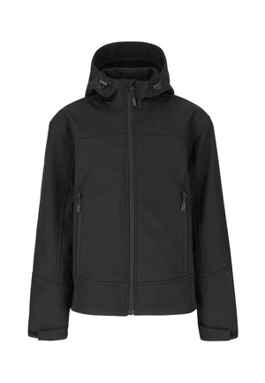 Musta softshell-takki, jossa on kokopitkä vetoketju edessä, säädettävä huppu kiristimillä, kaksi vetoketjullista sivutaskua ja tarrakiinnitteiset hihansuut.