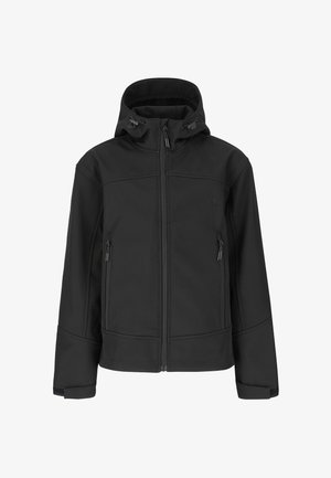 Zwarte softshell jas met volledige ritssluiting aan de voorkant, verstelbare capuchon met koordjes, twee met ritssluiting afsluitbare zijzakken en klittenbandsluitingen aan de mouwen.
