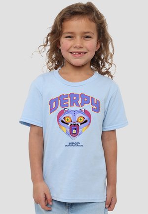 Light blue cotton T-shirt featuring a purple cartoon monster graphic with bright yellow eyes, fangs, and the text "DERPY" above it.