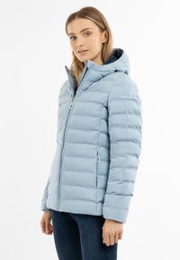 Giacca a vento blu chiaro con cappuccio, caratterizzata da un design a righe orizzontali trapuntato, chiusura con cerniera e dettaglio del logo sulla spalla.