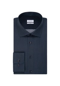 Slim fit mörkblå skjorta med geometriskt diamantmönster och matchande knappar, prydligt vikt med kragen synlig.