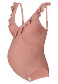 Zwangerschapsbadpak in zachtroze, met geschulpte schouderbanden, gerimpelde zijkanten en een gladde textuur voor comfort. Geen zichtbare hardware of patronen.