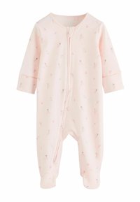 Lichtroze babyrompertje met lange mouwen en voetjes, versierd met kleine bloemenprints en een ritssluiting aan de voorkant.