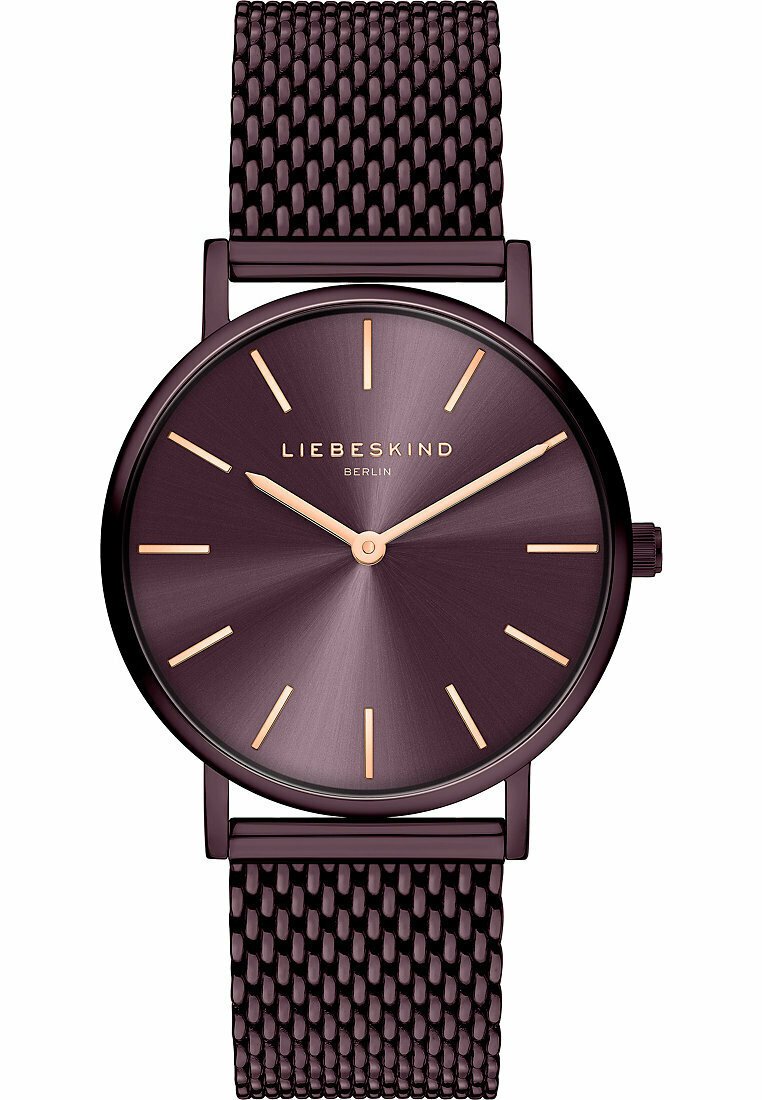 Runde Uhr mit einem tief lila Zifferblatt, goldenen Minutenmarkierungen und einem strukturierten Mesh-Armband. Sie bietet ein minimalistisches Design mit einer glatten Oberfläche.