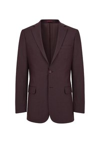 Burgundowa marynarka dopasowana z klapami, zapinana na pojedynczy guzik, z dwiema przednimi kieszeniami i gładkim, teksturowanym materiałem.