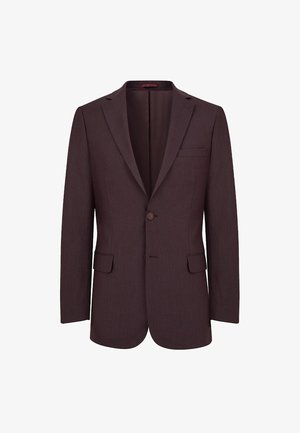 Burgundowa marynarka dopasowana z klapami, zapinana na pojedynczy guzik, z dwiema przednimi kieszeniami i gładkim, teksturowanym materiałem.