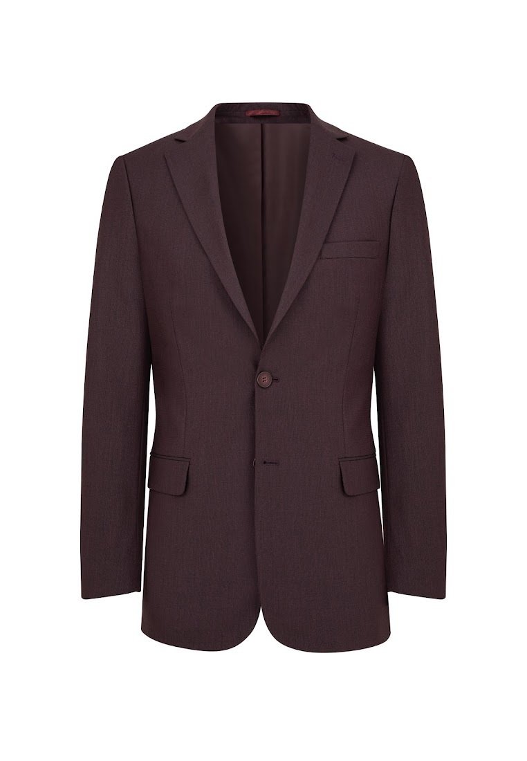 Burgundowa marynarka dopasowana z klapami, zapinana na pojedynczy guzik, z dwiema przednimi kieszeniami i gładkim, teksturowanym materiałem.