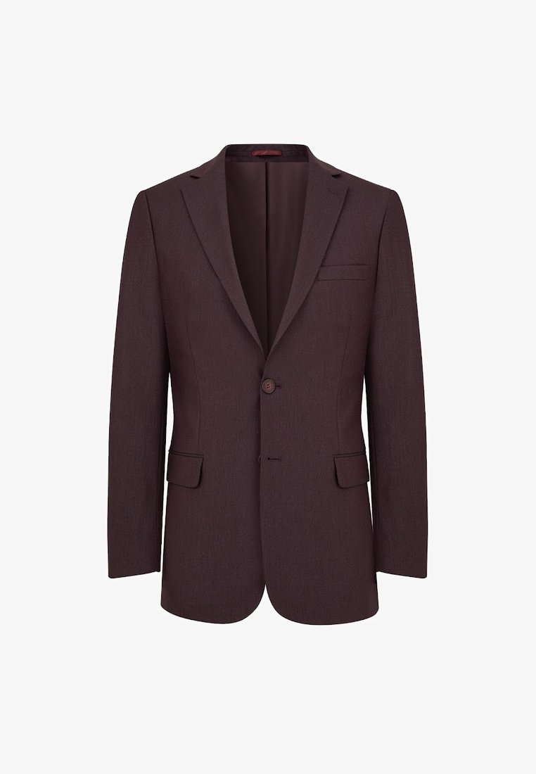 Burgundowa marynarka dopasowana z klapami, zapinana na pojedynczy guzik, z dwiema przednimi kieszeniami i gładkim, teksturowanym materiałem.