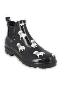 Black rubber ankle boot with pugs printed in white and pink, featuring a textured sole and elastic side panels for easy wear.