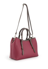 Leather handbag in burgundy with gray straps, featuring two top handles and a detachable shoulder strap. Textured surface and metal hardware.