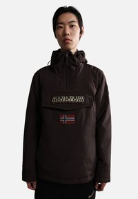 Dark brown pullover jacket with a hood, featuring a front kangaroo pocket, logo patch, and a Norwegian flag accent. Smooth, waterproof texture.