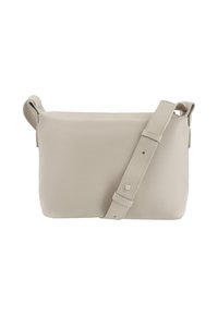 Borsa a tracolla in pelle grigia chiara con superficie texture, forma rettangolare slim, tracolla regolabile e dettaglio di chiusura a pressione singolo.