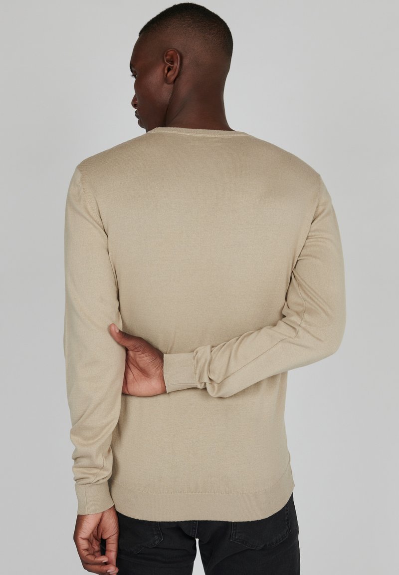 Beige langekleurige trui met lange mouwen en een ronde halslijn, geribbelde manchetten en zoom. Zachte textuur met een aansluitende pasvorm. Achterstevoren gedragen, met zicht op de achterkant.