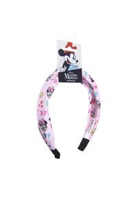 Fascia per capelli rosa con vari design e simboli di Minnie Mouse, inclusi cuori, faccine sorridenti e il testo "BFF."