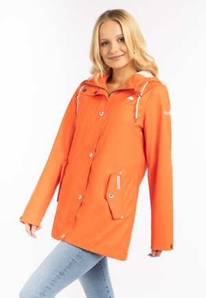 Orange wasserdichte Jacke mit Kapuze, Druckknopf- und Reißverschluss, Fronttaschen und weicher Fütterung. Mit verstellbaren Zugbändern.