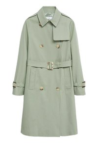 Trench-coat vert clair croisé avec large col, ceinture à la taille, poches latérales et sangles à boucle aux manches.