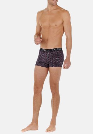 Boxers pour hommes avec une base sombre et des motifs abstraits colorés. Tissu doux, taille élastique avec logo de la marque, coupe mi-longue.