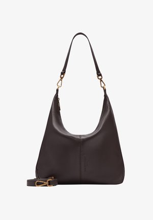 Borsa a spalla in pelle marrone scuro, di forma curvilinea, con accessori in tonalità oro, tracolla rimovibile e superficie liscia.