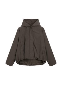 Giacca cappuccio marrone scuro con orlo elasticizzato, maniche lunghe e chiusura frontale con bottoni, mostrata su uno sfondo bianco.